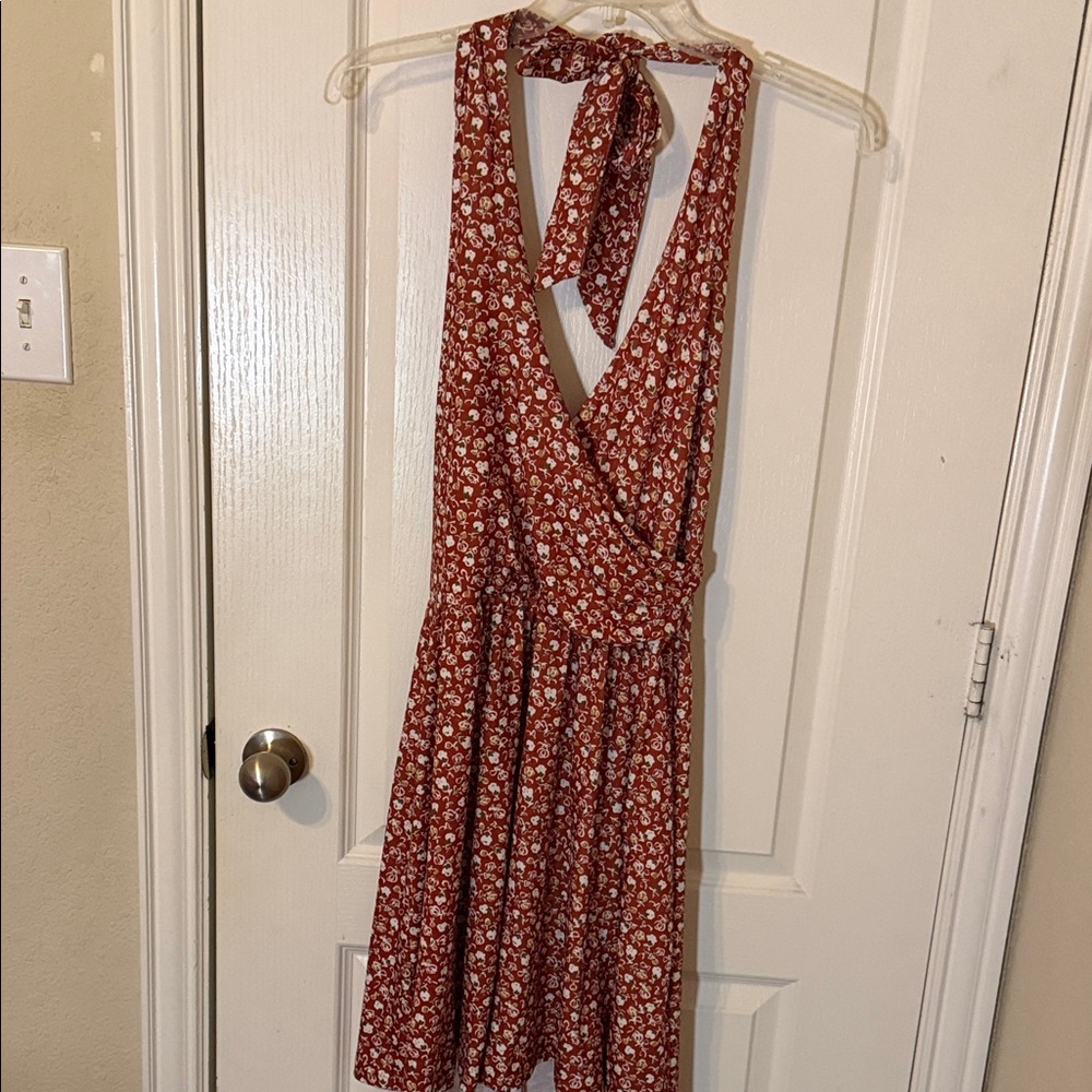 Rust Floral Halter Neck Dress size large - Picture 3 of 6